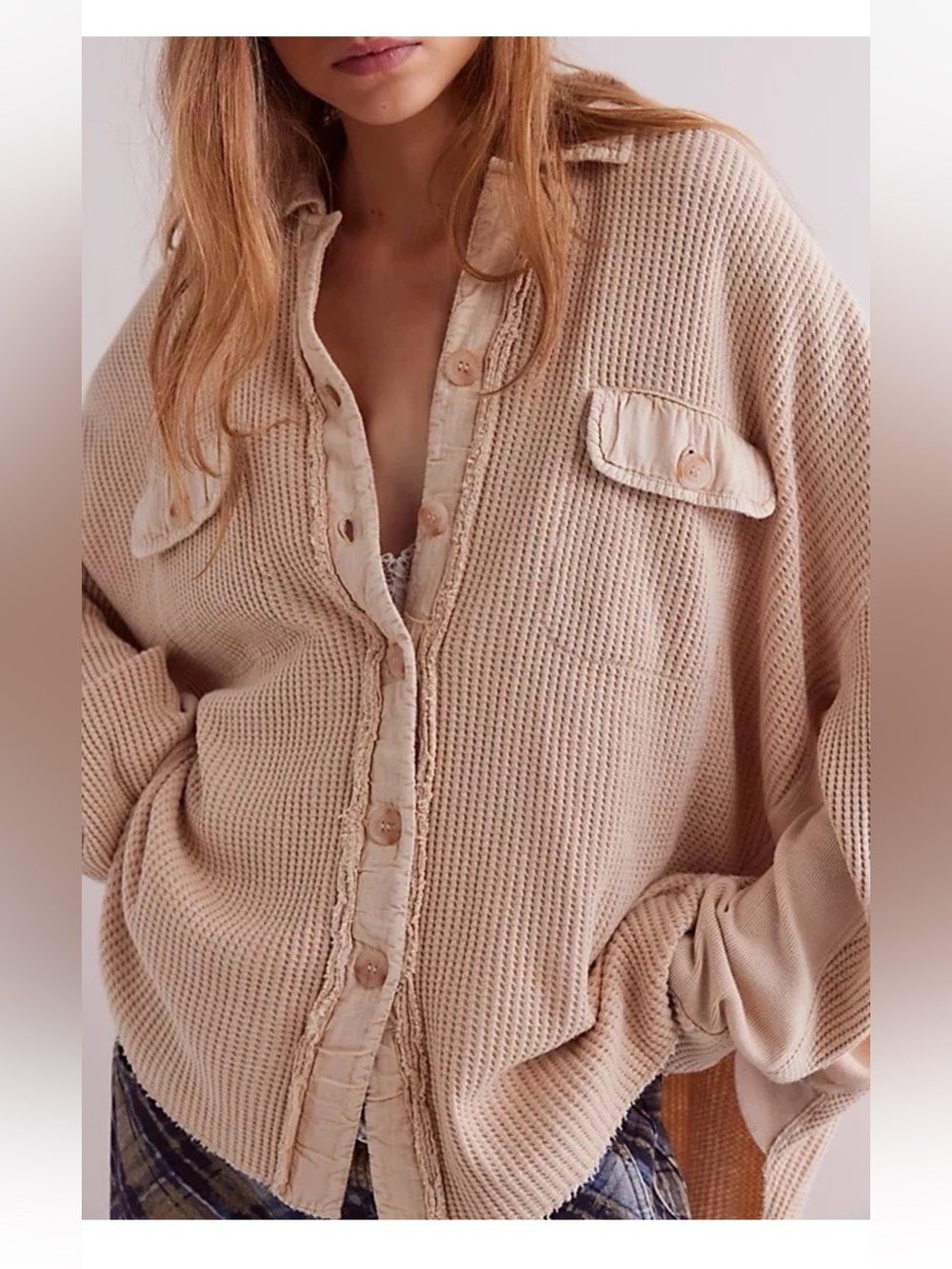 Free People Taupe Waffle-Knit Button Down Shirt